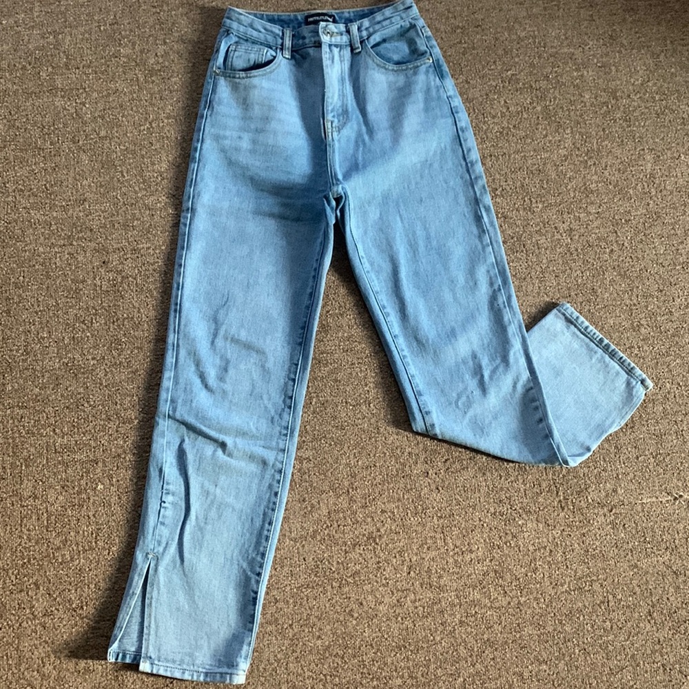 Straight leg high waisted slit jeans
